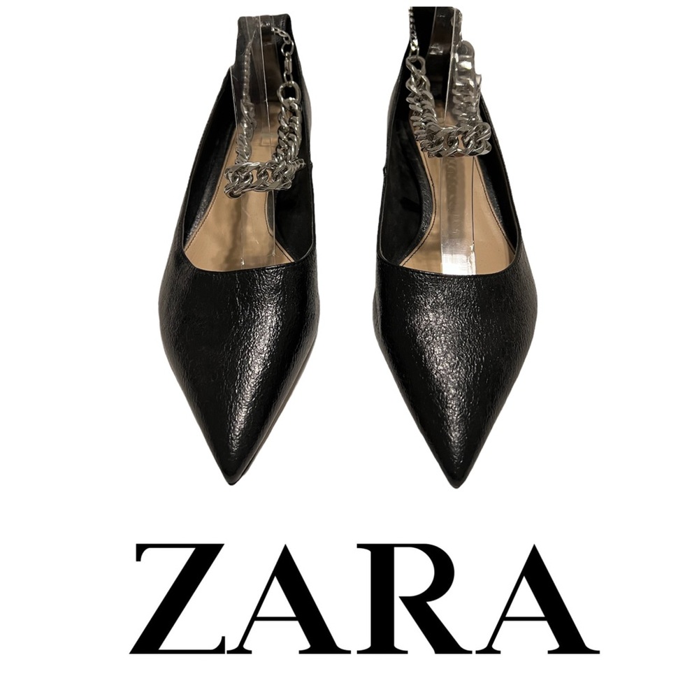Zara NEW Leather Pointed Toe Kitten Heel Ankle Chain  Size 39